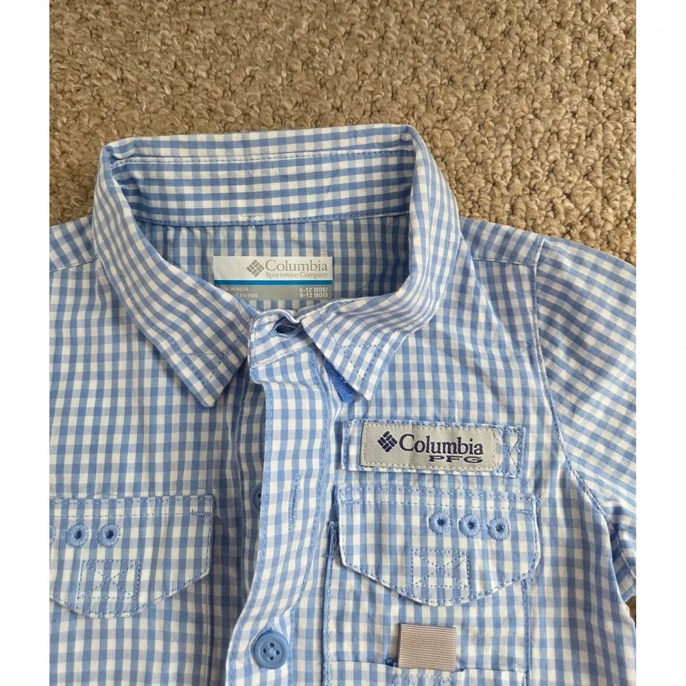 Columbia Blue Gingham Baby Boy Romper Jumpsuit Size 6-12 mos